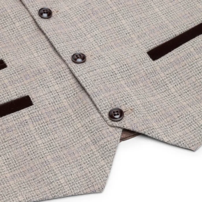 Boys Check Tweed Beige Brown 3 Piece Suit Wedding Vintage Retro Classic - Image 3