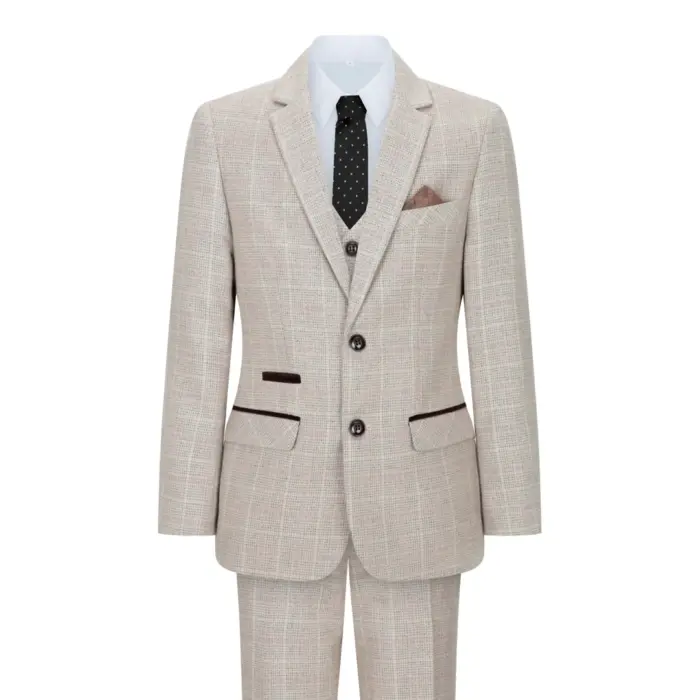 Boys Check Tweed Beige Brown 3 Piece Suit Wedding Vintage Retro Classic - Image 1