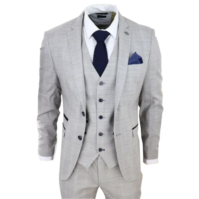 Mens Light Grey 3 Piece Suit Navy Blue Check Velvet Trims Wedding Tailored Fit Classic - Image 1