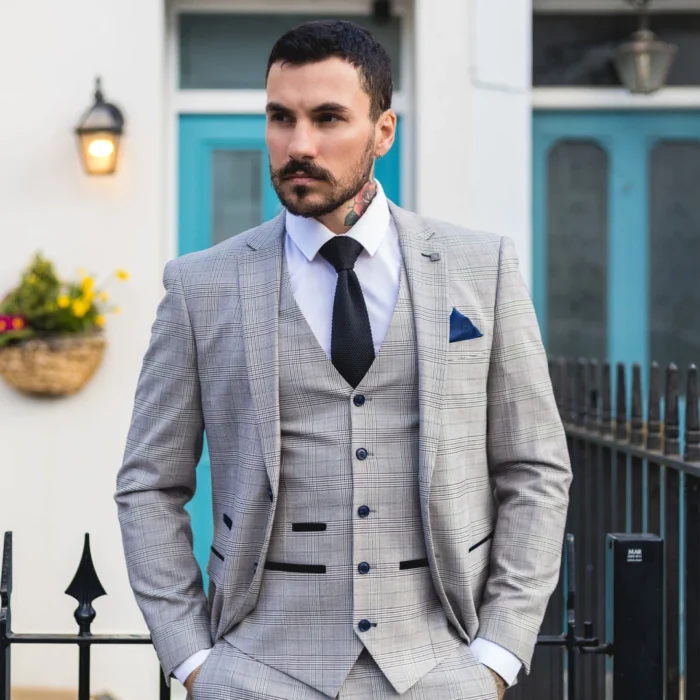 Mens Light Grey 3 Piece Suit Navy Blue Check Velvet Trims Wedding Tailored Fit Classic - Image 2