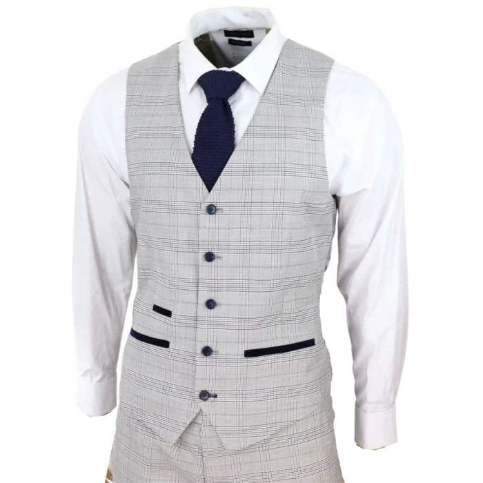 Mens Light Grey 3 Piece Suit Navy Blue Check Velvet Trims Wedding Tailored Fit Classic - Image 6