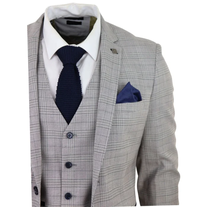 Mens Light Grey 3 Piece Suit Navy Blue Check Velvet Trims Wedding Tailored Fit Classic - Image 5