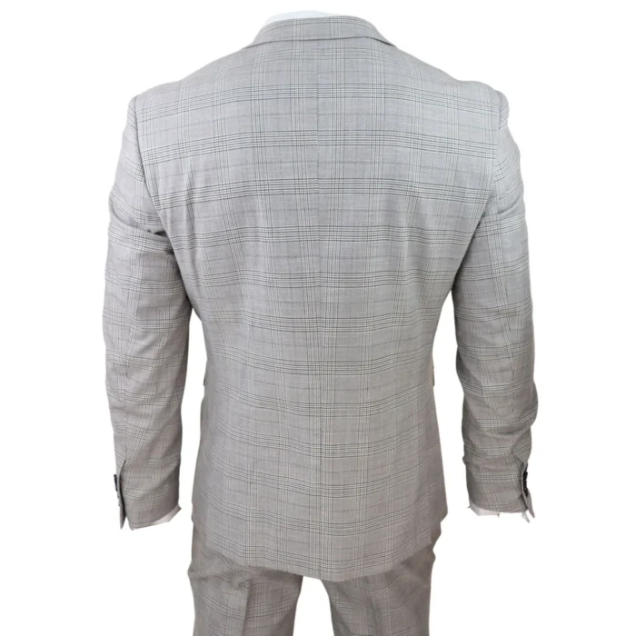 Mens Light Grey 3 Piece Suit Navy Blue Check Velvet Trims Wedding Tailored Fit Classic - Image 7