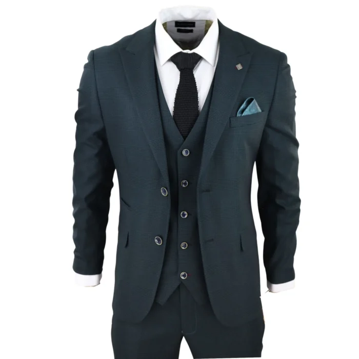 Mens Olive Green 3 Piece Suit Prince Of Wales Black Check Classic Tailored Fit - Image 1