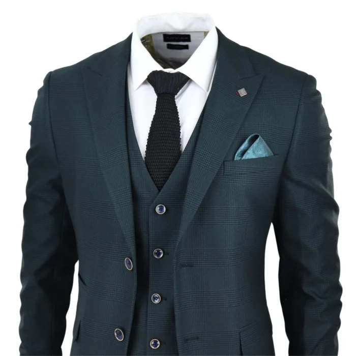 Mens Olive Green 3 Piece Suit Prince Of Wales Black Check Classic Tailored Fit - Image 4