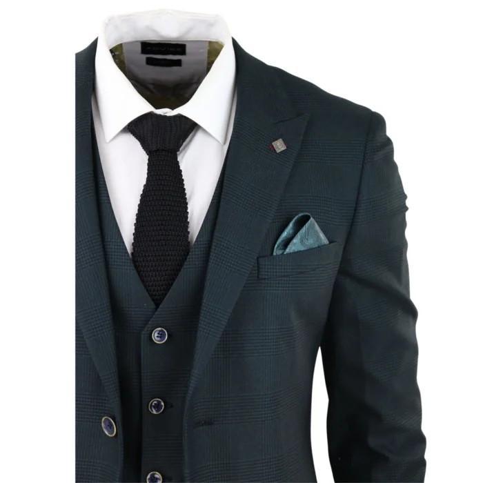 Mens Olive Green 3 Piece Suit Prince Of Wales Black Check Classic Tailored Fit - Image 5
