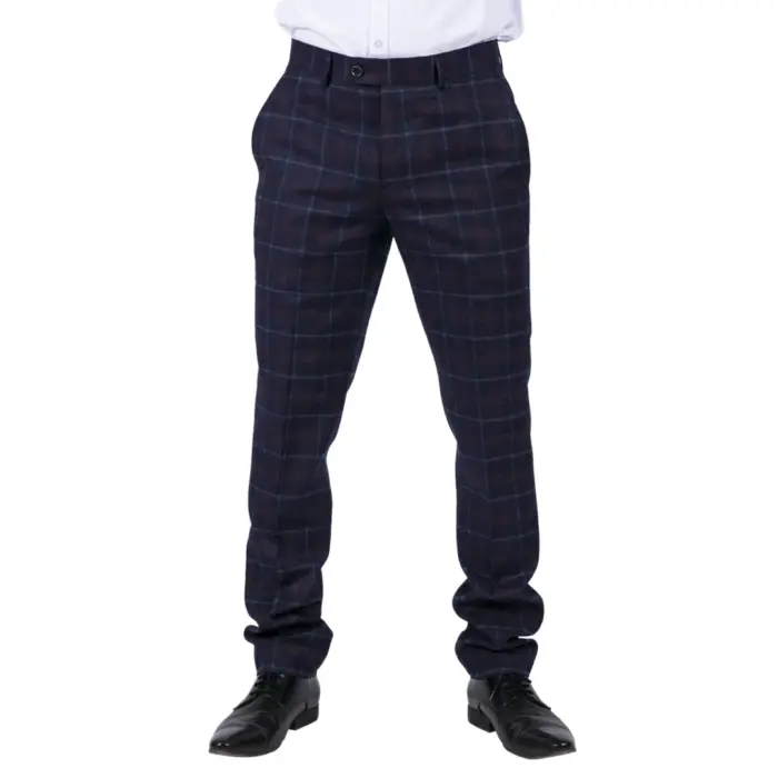 Mens Classic Trousers Tweed Check Retro 1920s Gatsby Blinders Blue Navy Wedding - Image 1