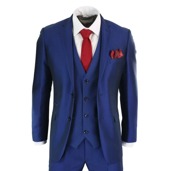 Mens 3 Piece Shiny Blue Wedding Prom Party Suit Tailored Fit Smart Formal - Image 1