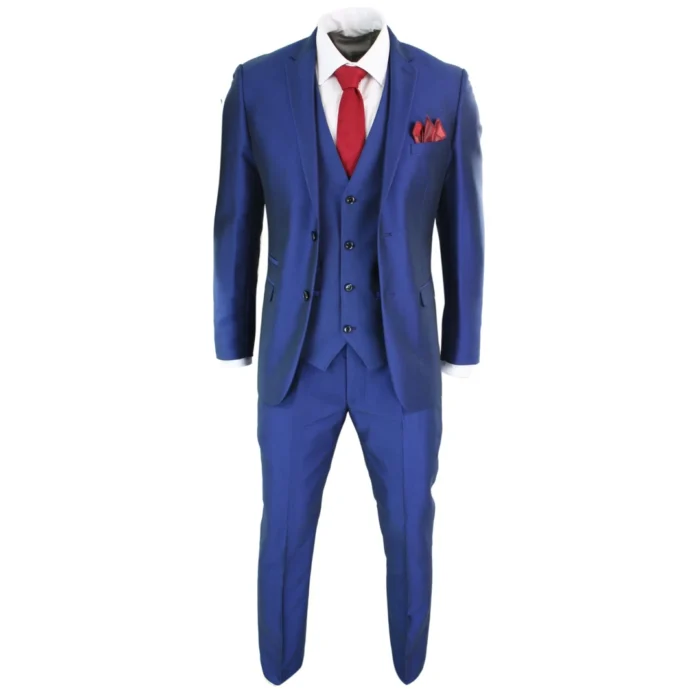 Mens 3 Piece Shiny Blue Wedding Prom Party Suit Tailored Fit Smart Formal - Image 2