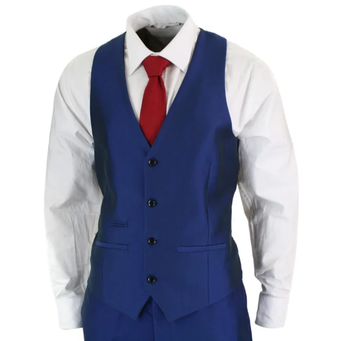 Mens 3 Piece Shiny Blue Wedding Prom Party Suit Tailored Fit Smart Formal - Image 5