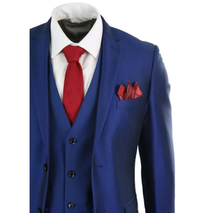 Mens 3 Piece Shiny Blue Wedding Prom Party Suit Tailored Fit Smart Formal - Image 4