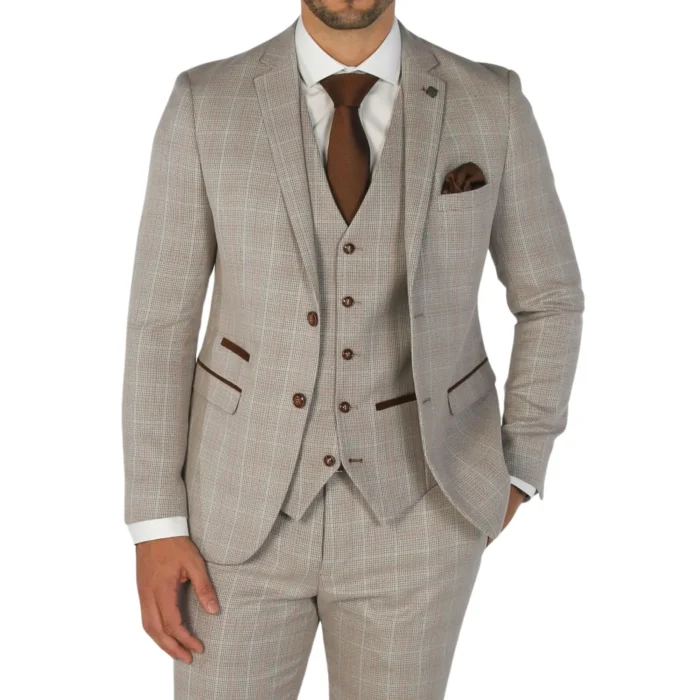Men's Blazer Beige Checked Tailored Fit Formal Suit Jacket - Image 1
