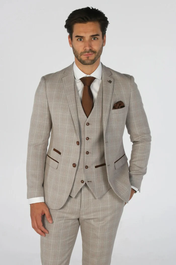 Men's Blazer Beige Checked Tailored Fit Formal Suit Jacket - Image 2