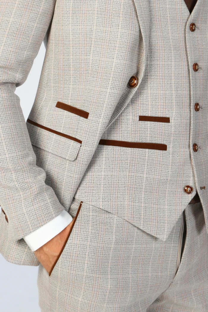 Men's Blazer Beige Checked Tailored Fit Formal Suit Jacket - Image 3