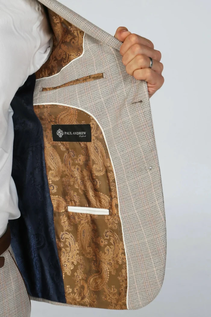 Men's Blazer Beige Checked Tailored Fit Formal Suit Jacket - Image 4
