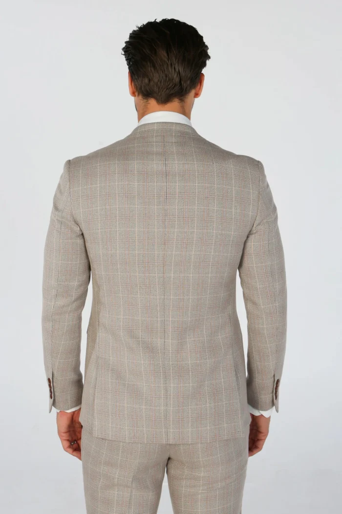 Men's Blazer Beige Checked Tailored Fit Formal Suit Jacket - Image 5