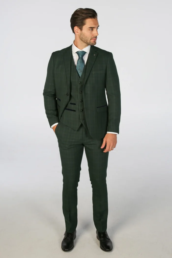Men's Suit Green 3 Piece Checked Tailored Fit Formal Dress - Image 2