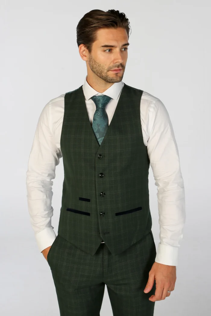 Men's Suit Green 3 Piece Checked Tailored Fit Formal Dress - Image 5