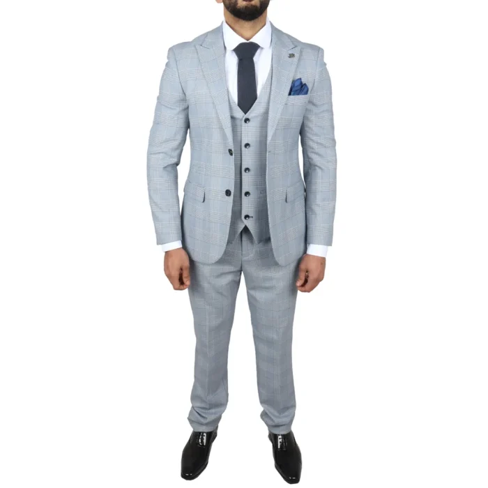 Men's Suit Blue 3 Piece Tweed Check Wedding Prom Tailored Fit - Image 2
