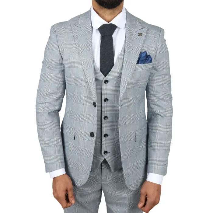 Men's Suit Blue 3 Piece Tweed Check Wedding Prom Tailored Fit - Image 1
