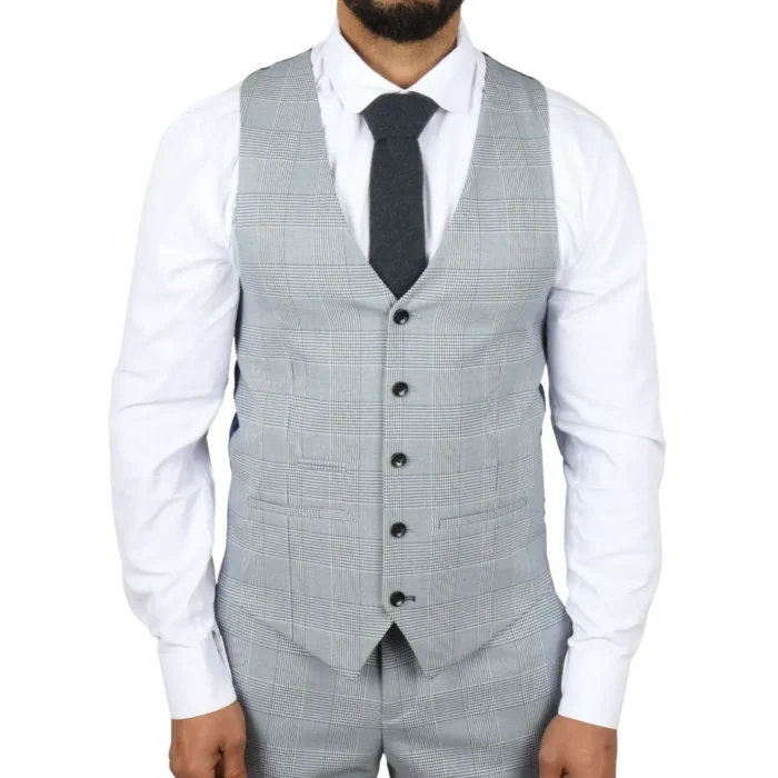 Men's Suit Blue 3 Piece Tweed Check Wedding Prom Tailored Fit - Image 6