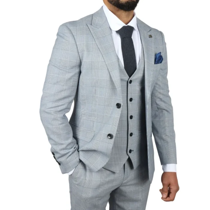 Men's Suit Blue 3 Piece Tweed Check Wedding Prom Tailored Fit - Image 3