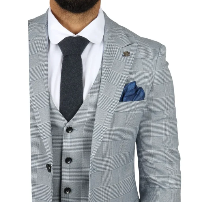 Men's Suit Blue 3 Piece Tweed Check Wedding Prom Tailored Fit - Image 4