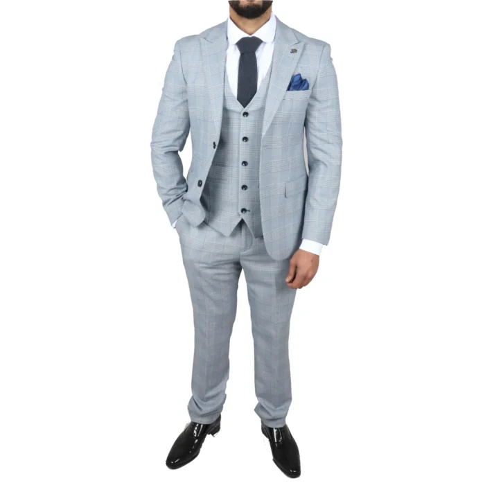 Men's Suit Blue 3 Piece Tweed Check Wedding Prom Tailored Fit - Image 5