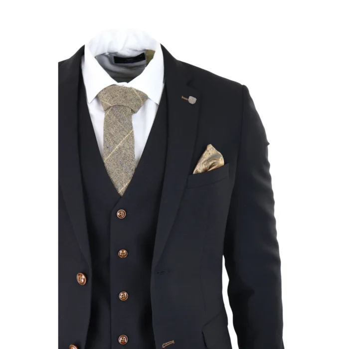 Mens Black 3 piece Suit Brown Trim Classic Birdseye Vintage Wedding Grooms - Image 5