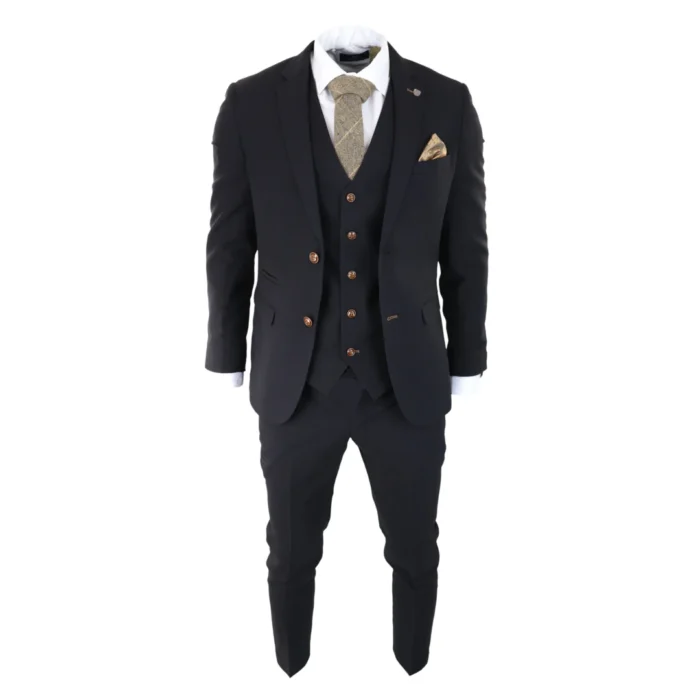 Mens Black 3 piece Suit Brown Trim Classic Birdseye Vintage Wedding Grooms - Image 3