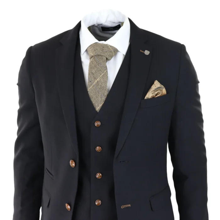 Mens Black 3 piece Suit Brown Trim Classic Birdseye Vintage Wedding Grooms - Image 4