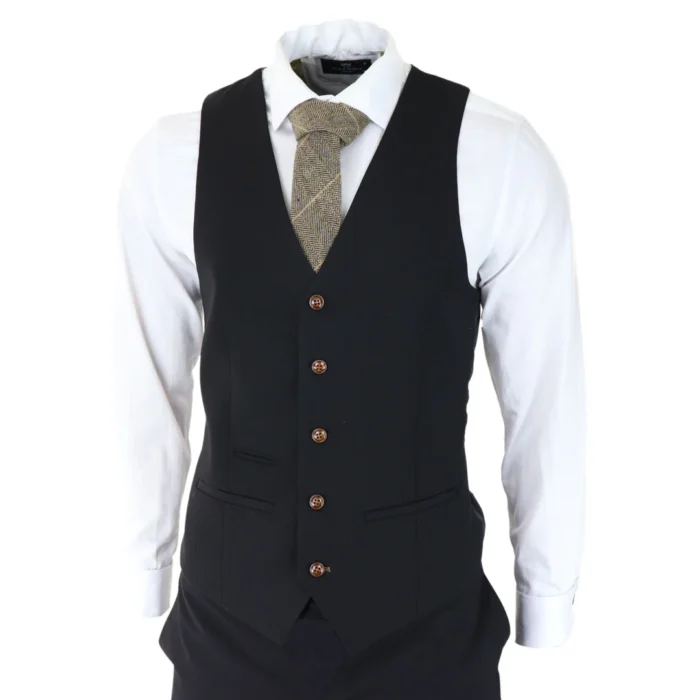Mens Black 3 piece Suit Brown Trim Classic Birdseye Vintage Wedding Grooms - Image 6