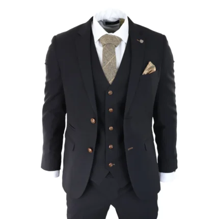 Mens Black 3 piece Suit Brown Trim Classic Birdseye Vintage Wedding Grooms