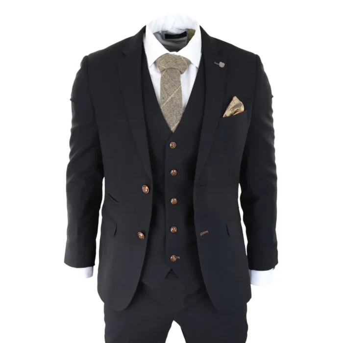 Mens Black 3 piece Suit Brown Trim Classic Birdseye Vintage Wedding Grooms - Image 1