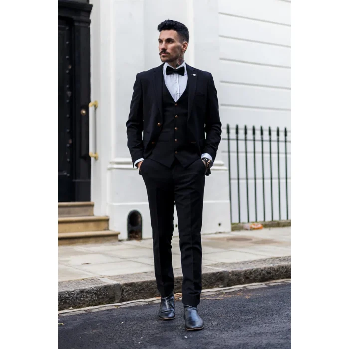 Mens Black 3 piece Suit Brown Trim Classic Birdseye Vintage Wedding Grooms - Image 2
