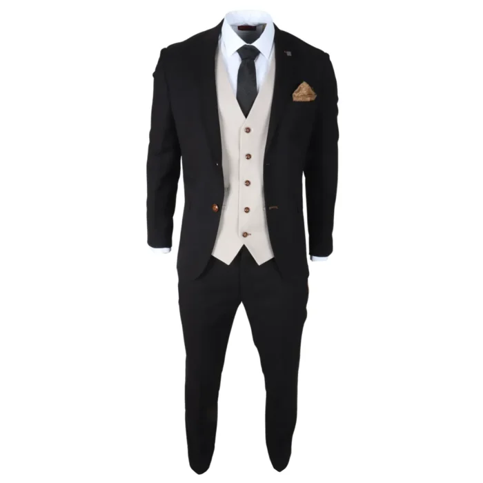 Men's Suit Black Cream 3 Piece Classic Birdseye Wedding Grooms - Image 2