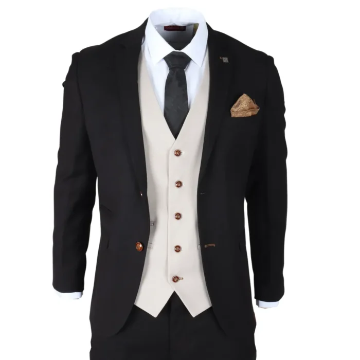 Men's Suit Black Cream 3 Piece Classic Birdseye Wedding Grooms - Image 1