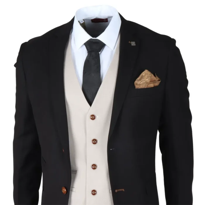 Men's Suit Black Cream 3 Piece Classic Birdseye Wedding Grooms - Image 3