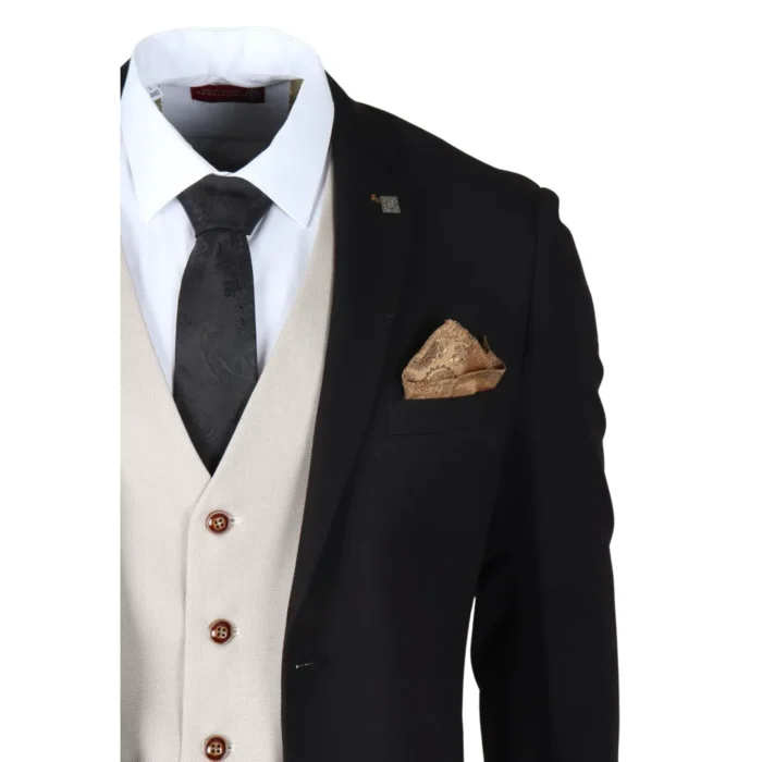 Men's Suit Black Cream 3 Piece Classic Birdseye Wedding Grooms - Image 4