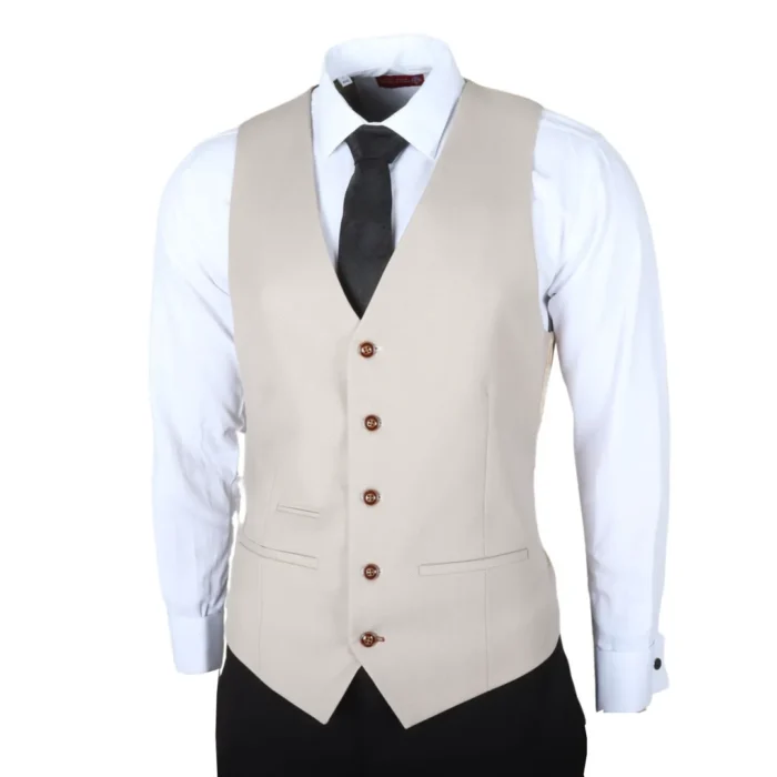Men's Suit Black Cream 3 Piece Classic Birdseye Wedding Grooms - Image 5