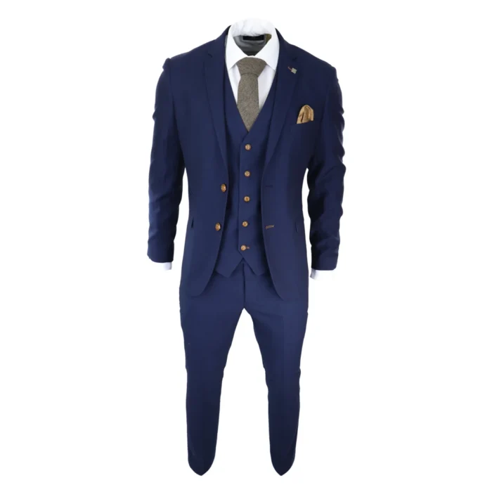Mens Navy 3 piece Suit Brown Trim Classic Birdseye Vintage Wedding Grooms - Image 2