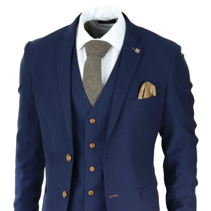 Mens Navy 3 piece Suit Brown Trim Classic Birdseye Vintage Wedding Grooms - Image 3