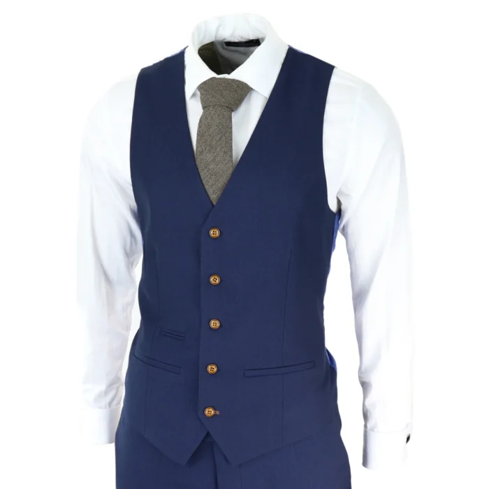 Mens Navy 3 piece Suit Brown Trim Classic Birdseye Vintage Wedding Grooms - Image 5
