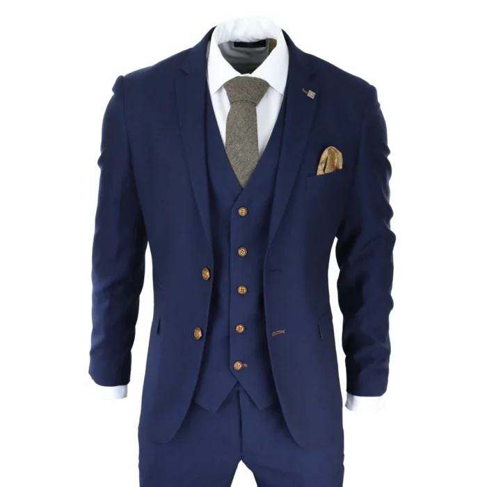 Mens Navy 3 piece Suit Brown Trim Classic Birdseye Vintage Wedding Grooms - Image 1