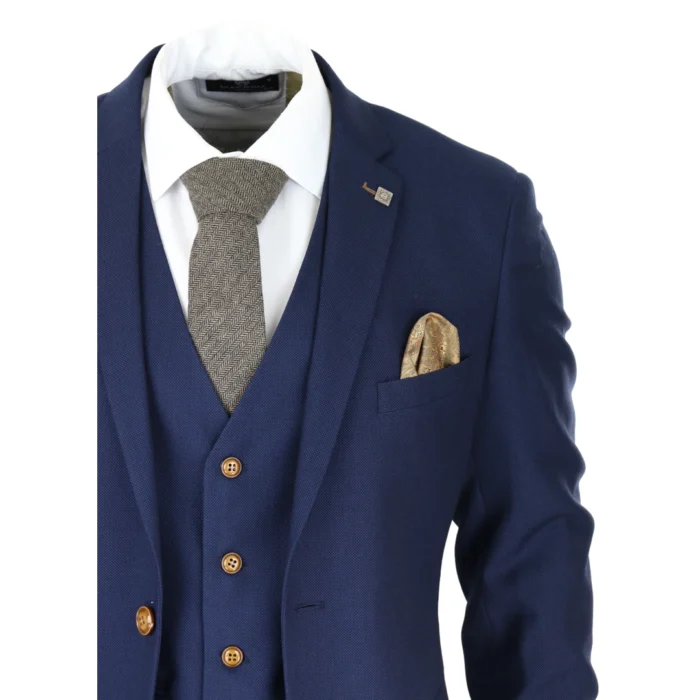 Mens Navy 3 piece Suit Brown Trim Classic Birdseye Vintage Wedding Grooms - Image 4