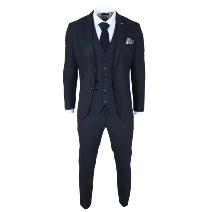 Men's Suit 3 Piece Navy Blue Wool Blend Tweed Tailored Fit Formal Dress - Image 3