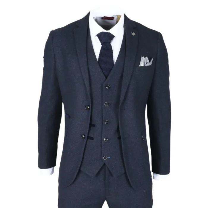 Men's Suit 3 Piece Navy Blue Wool Blend Tweed Tailored Fit Formal Dress - Image 1