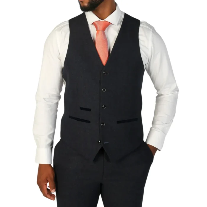 Men's Waistcoat Navy Blue Wool Blend Tweed Tailored Fit Vest - Image 1