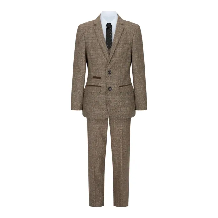 Boys 3 Piece Brown Suit Tweed Check Vintage Retro Tailored Fit 1920s - Image 2
