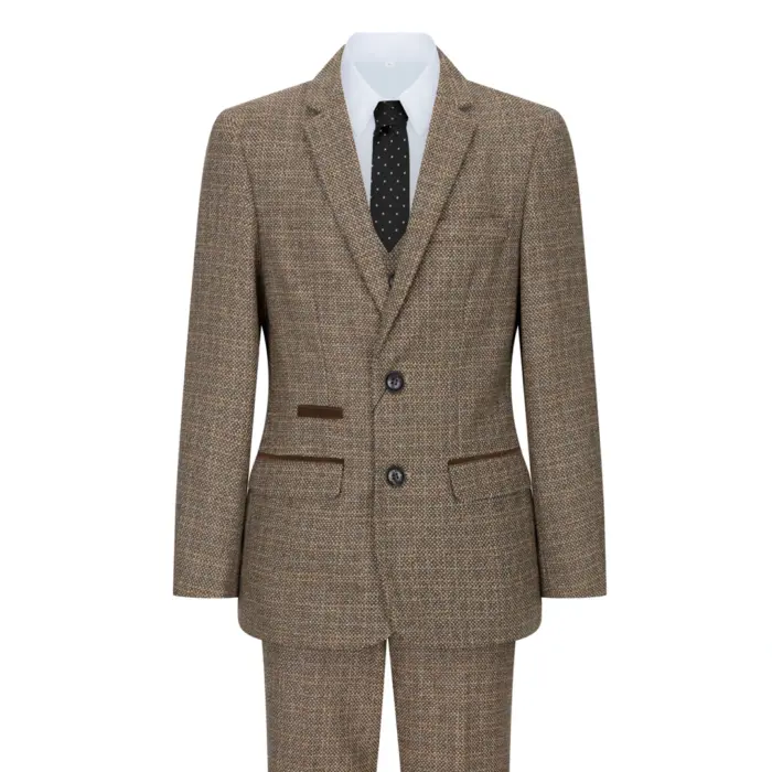 Boys 3 Piece Brown Suit Tweed Check Vintage Retro Tailored Fit 1920s - Image 1